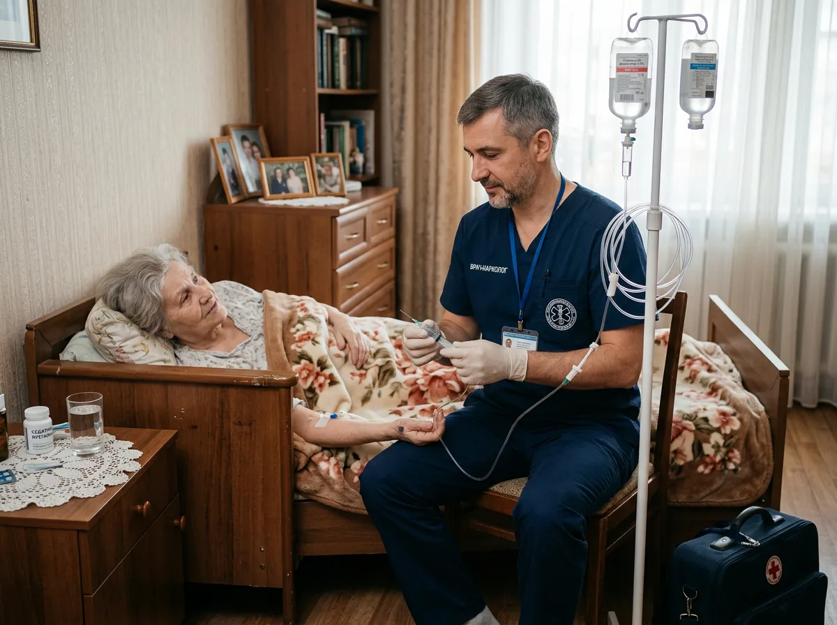 Врач-нарколог в тёмно-синей медицинской одежде приезжает на вызов к пациенту на дому, ставит капельницу, спокойная домашняя обстановка, профессиональная медицинская атмосфера доверия