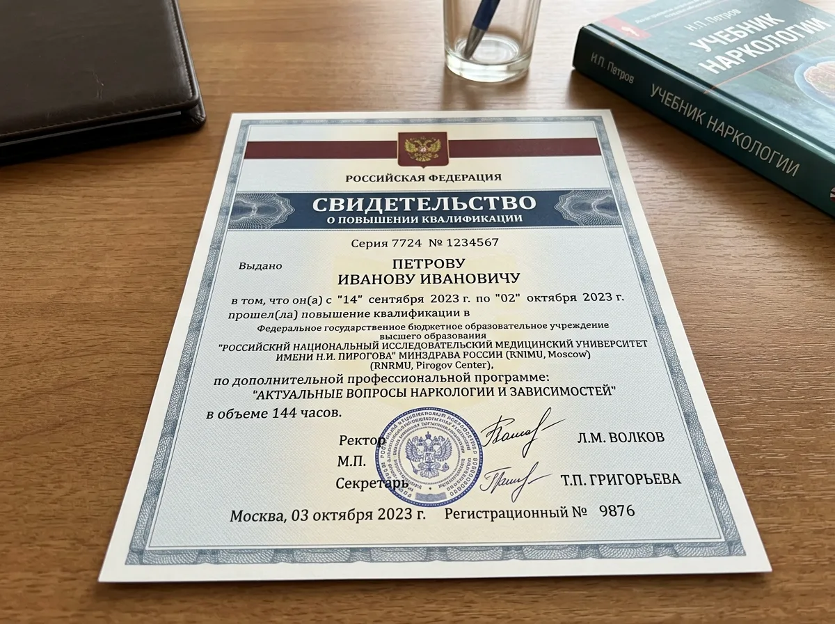 Свидетельство о повышении квалификации врача-нарколога в профильном учебном центре, официальный документ