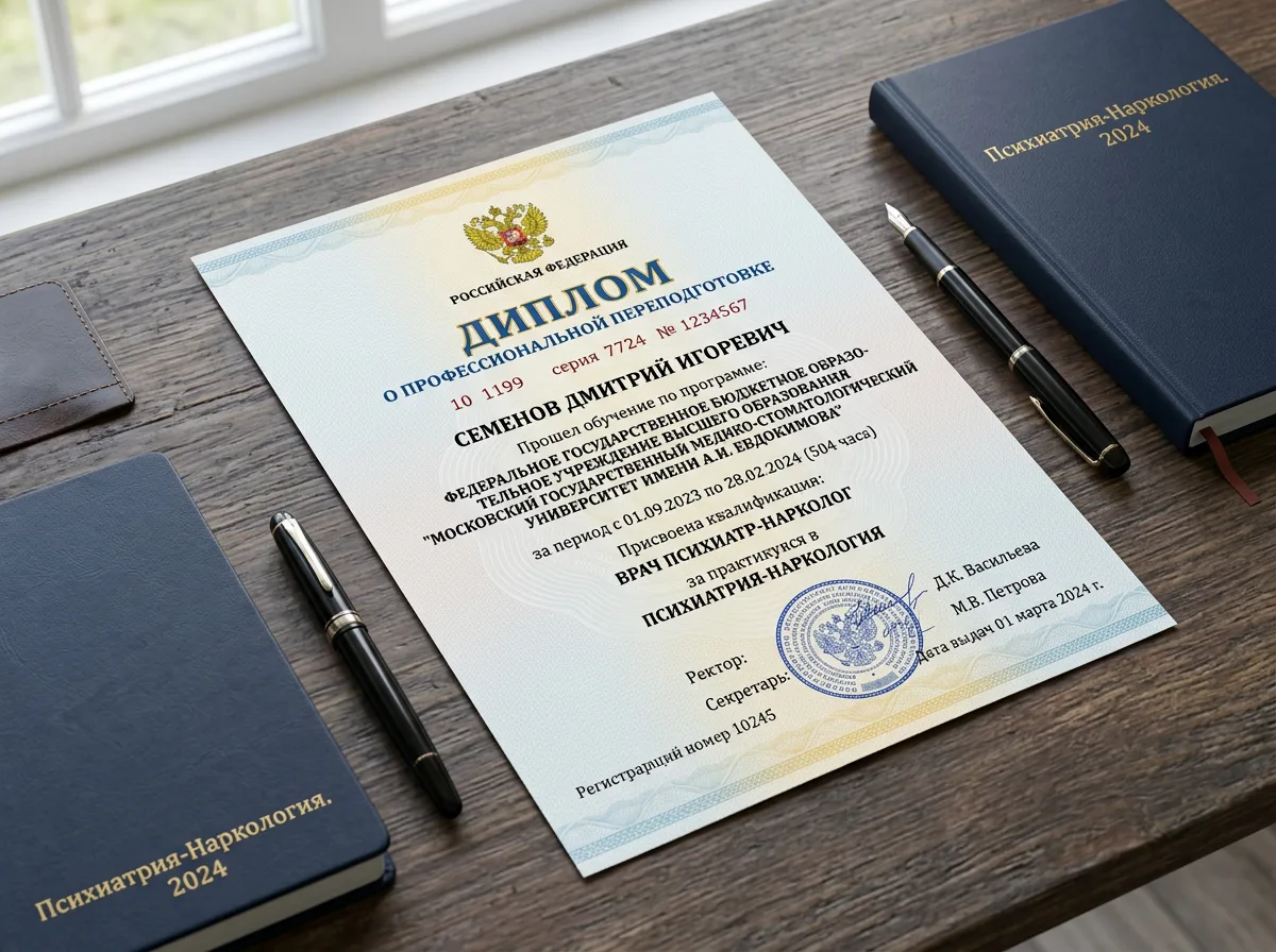 Диплом о профессиональной переподготовке по специальности психиатрия-наркология, документ государственного образца